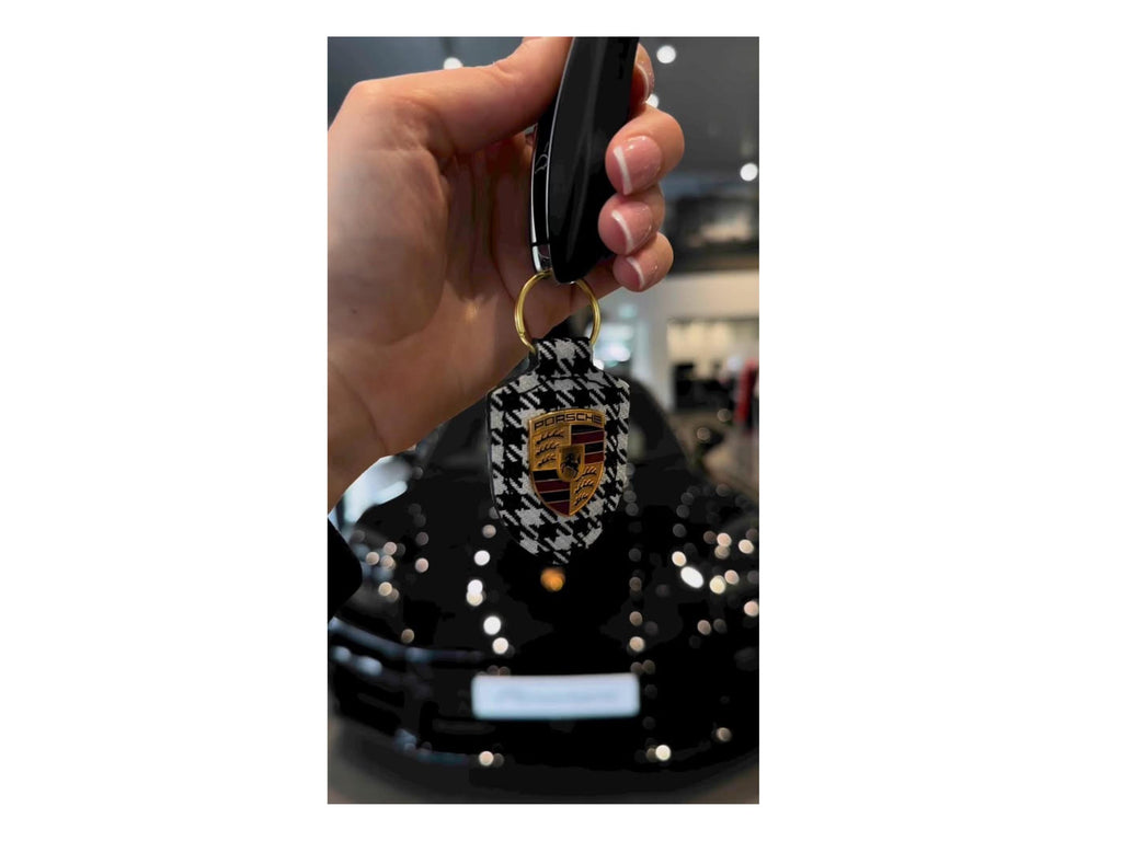 Porsche Crest Key Ring: Leather & Pepita Fabric, Brass Ring