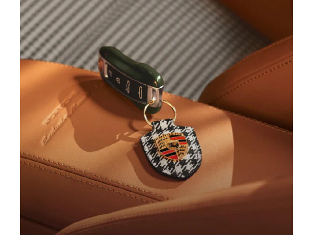 Porsche Crest Key Ring: Leather & Pepita Fabric, Brass Ring