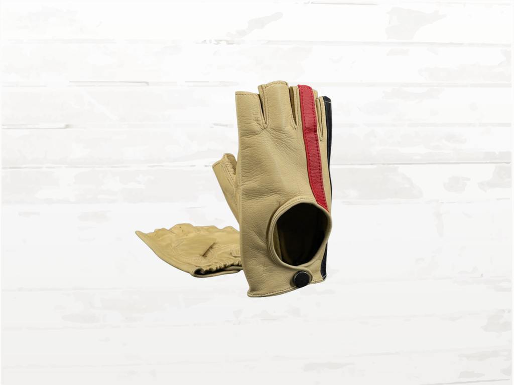 Vintage Race Fingerless Driving Gloves | Cream & Racing Stripes | Italian Lamb Leather
