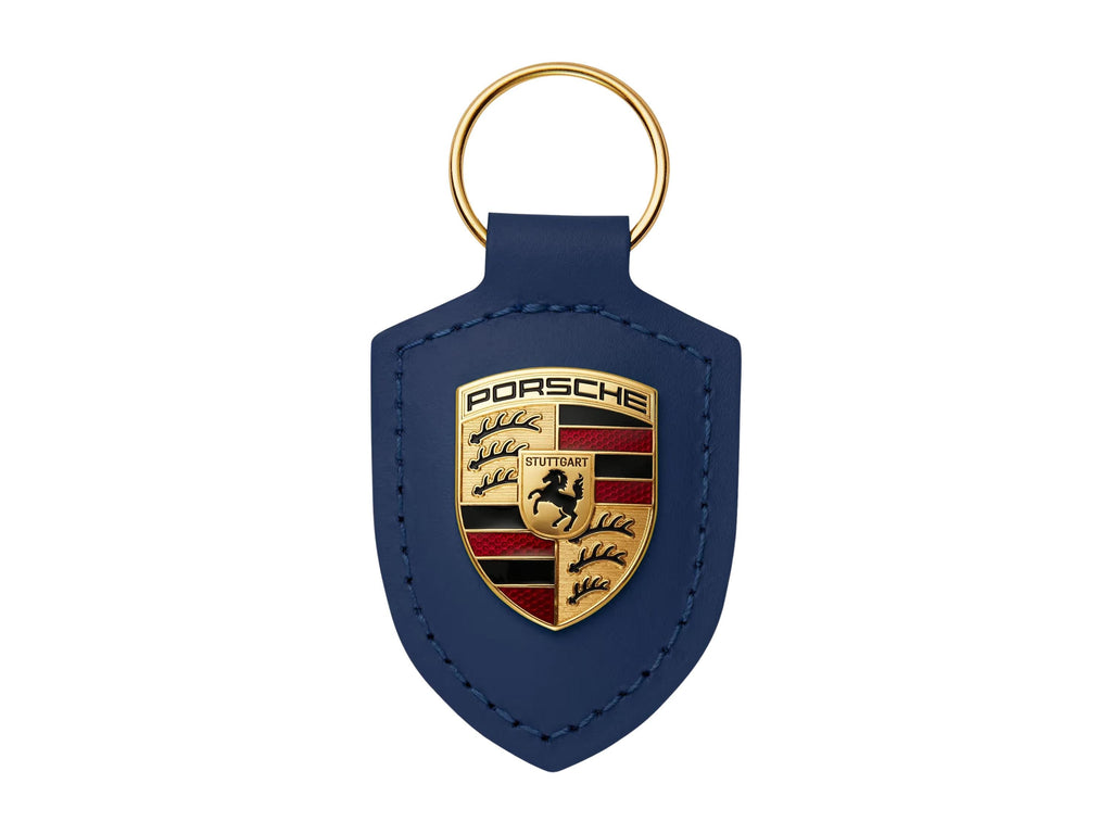 Porsche Key Ring: Blue Leather Strap, Gold Crest