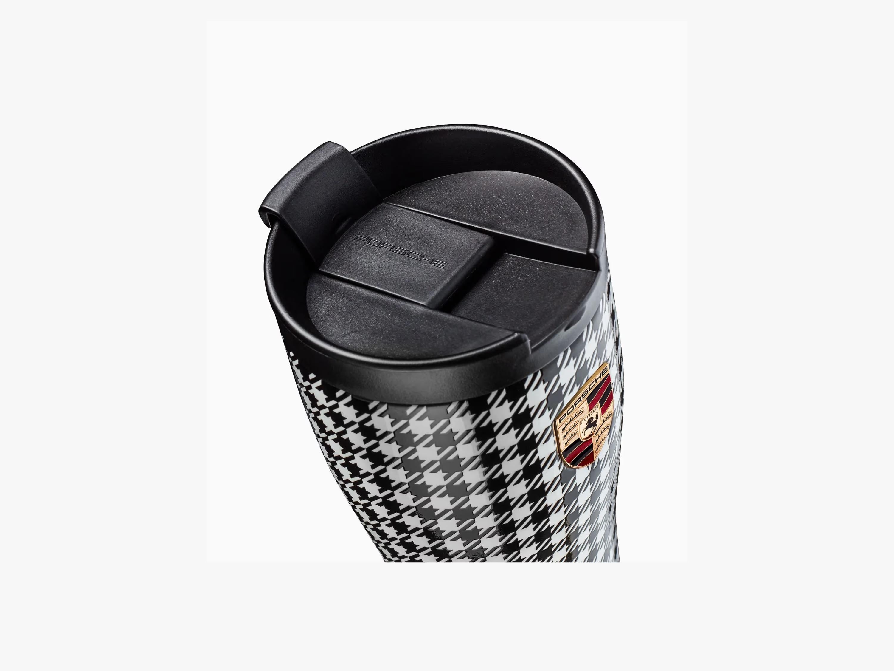 Porsche Thermos Mug: Pepita Houndstooth Design, Stainless Steel Travel Cup