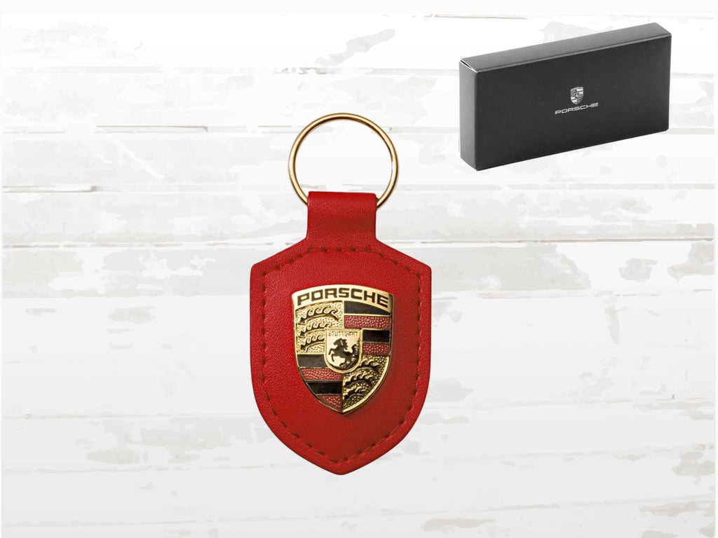 Porsche Red Leather Keyring | Gold Crest Keychain
