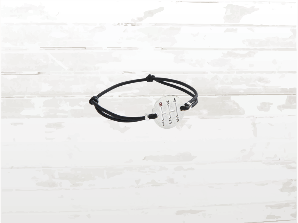 Gearbox Bracelet, Silver Finish, Black Cord, Adjustable length, Car Driver Jewelry