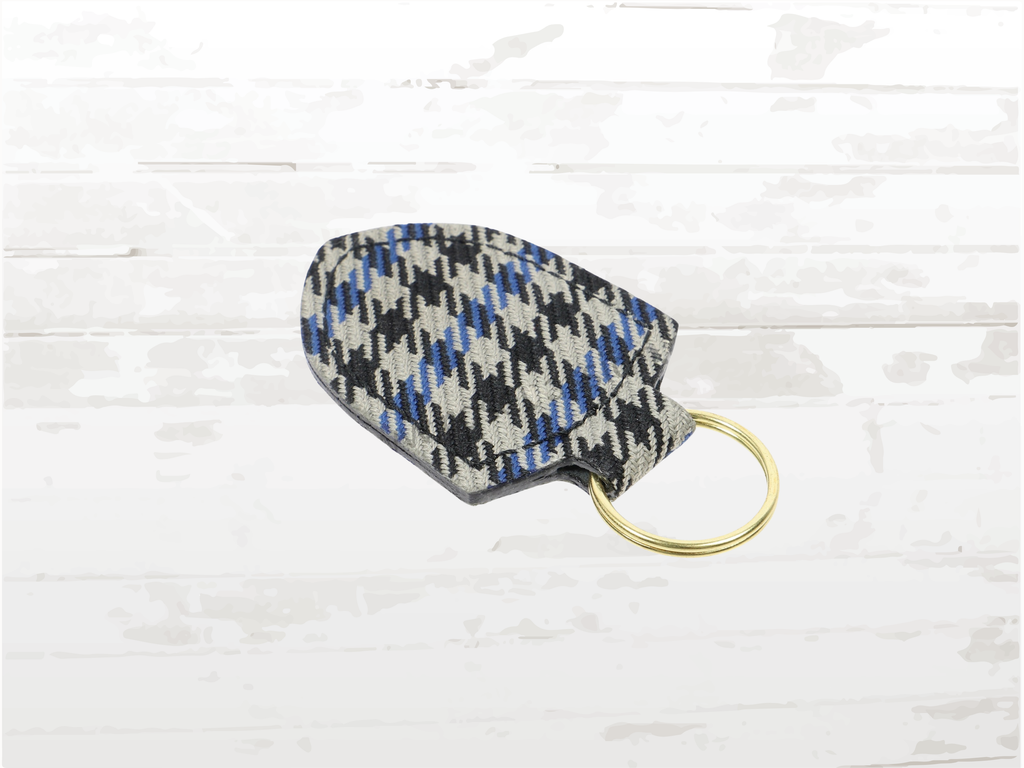 Porsche Pepita Blue Crest Keyring | Grey Leather | Made in Germany | Gift Boxed