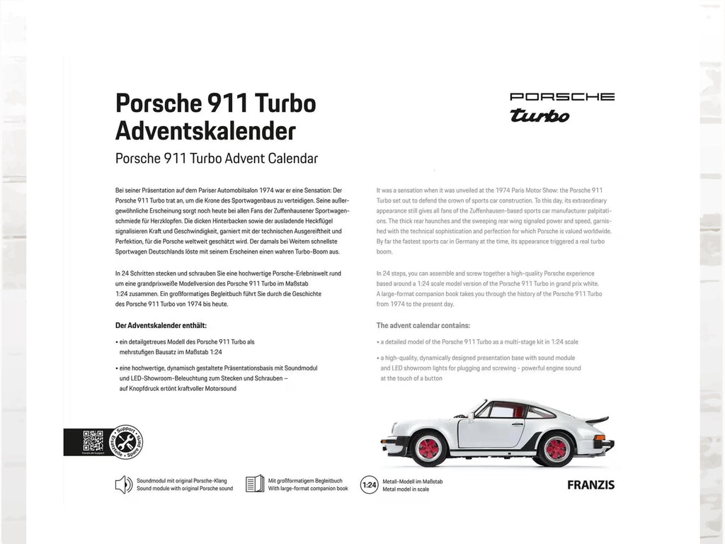 Porsche 911 Turbo Advent Calendar, Grand Prix White Sports Car, with Sound, Christmas Gift