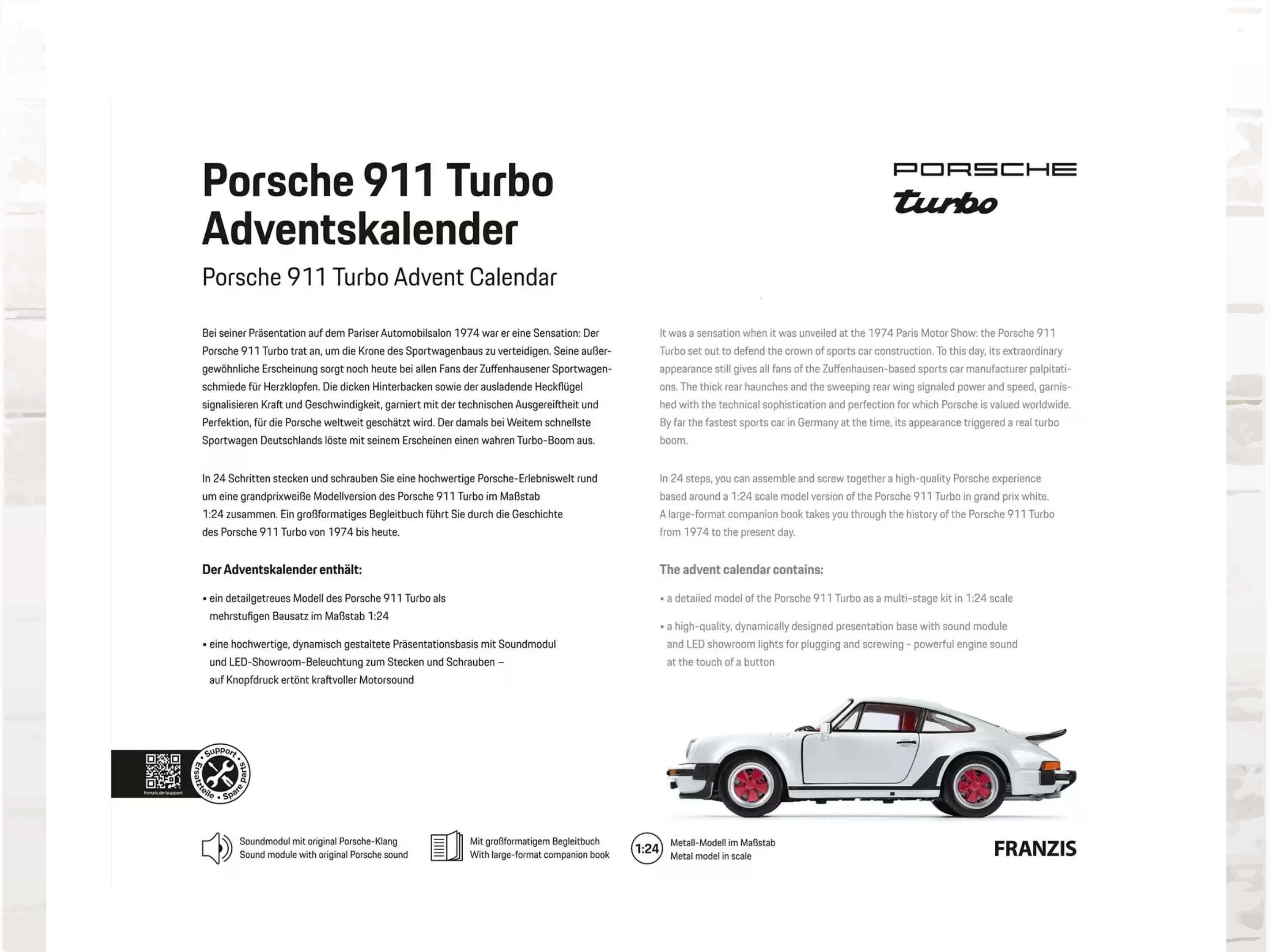 Porsche 911 Turbo Advent Calendar, Grand Prix White Sports Car, with Sound, Christmas Gift