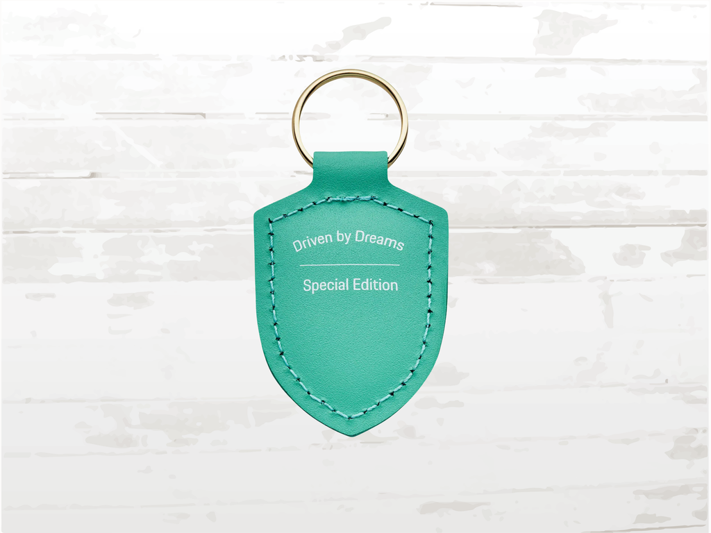 Mint Green Leather Porsche Keychain: 75 Years Driven by Dreams Edition