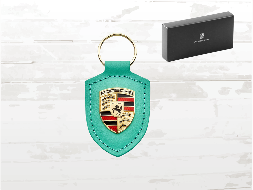 Mint Green Leather Porsche Keychain: 75 Years Driven by Dreams Edition