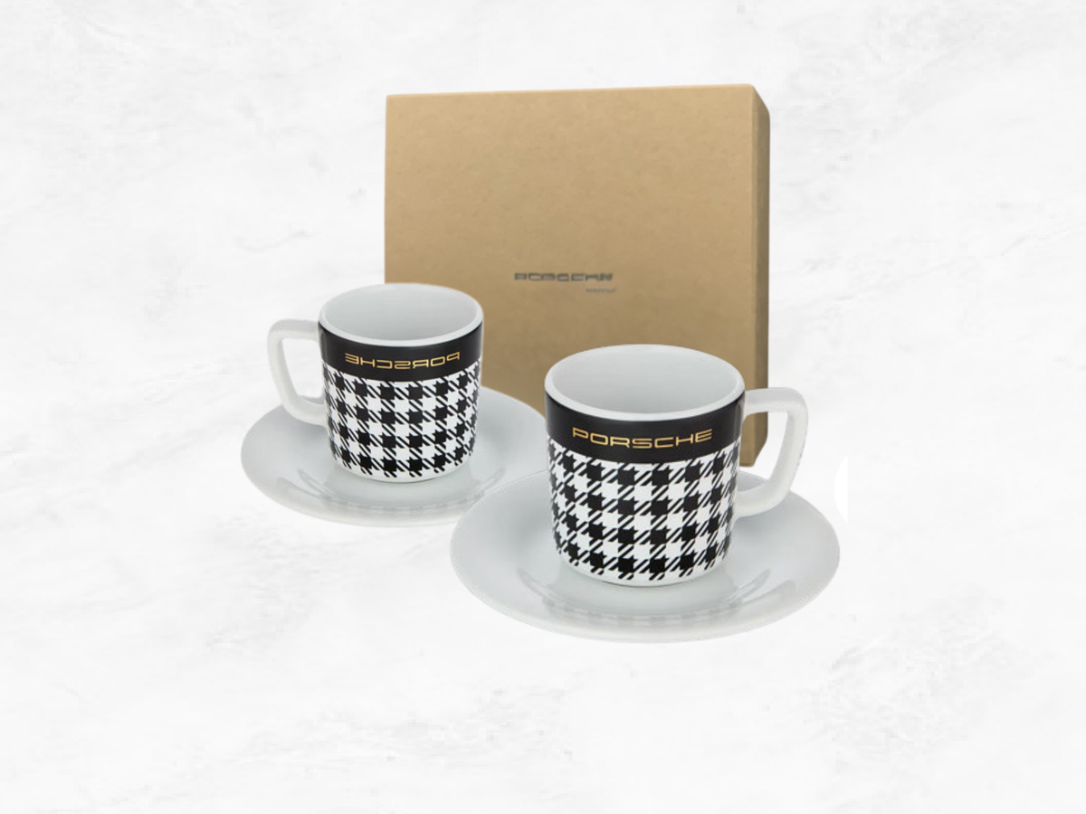 Porsche Espresso Cups Pepita  (90ml, Set of 2) - WAP05015526PED Boxed, saucers