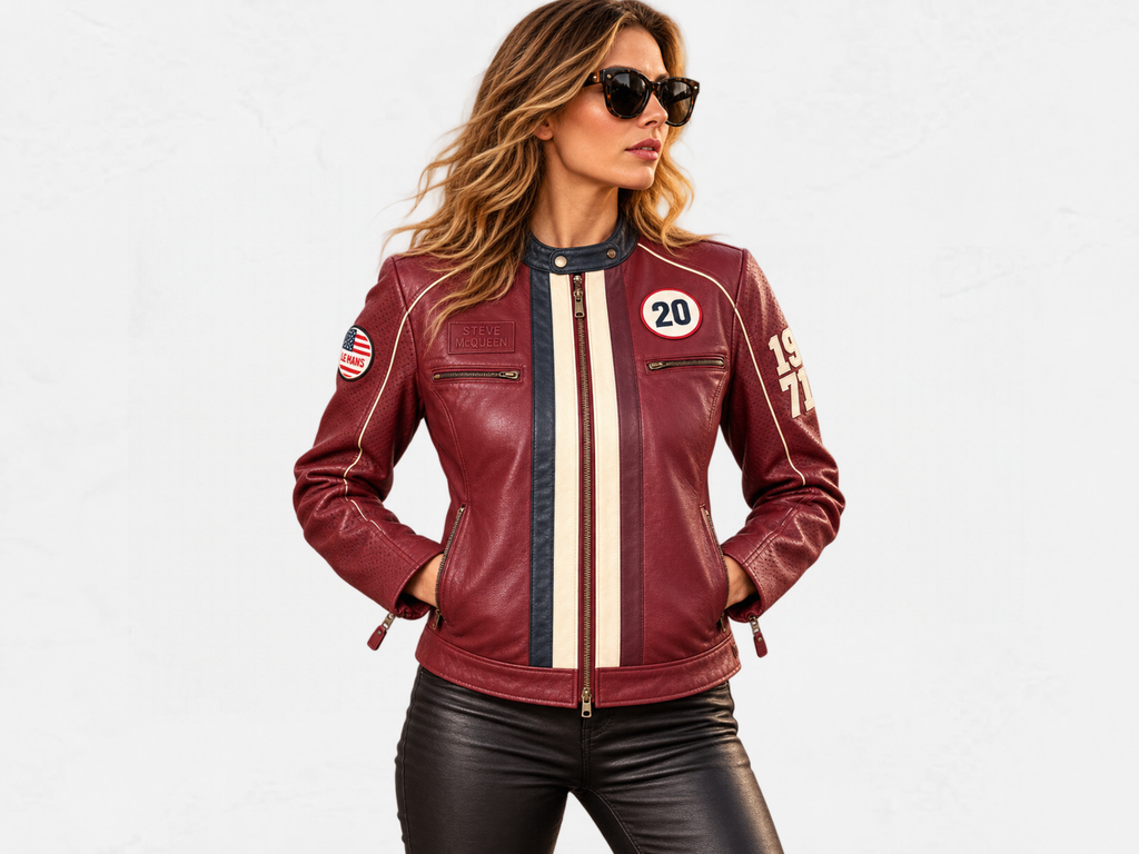 Steve McQueen Jutta Women’s Leather Jacket | Dark Red | 1971 Racing Style
