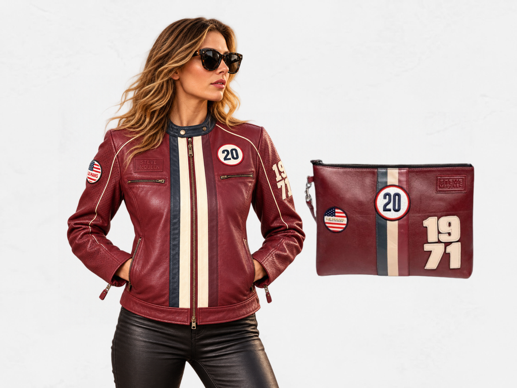 Steve McQueen Jutta Women’s Leather Jacket | Dark Red | 1971 Racing Style