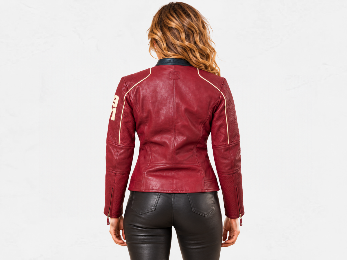 Steve McQueen Jutta Women’s Leather Jacket | Dark Red | 1971 Racing Style