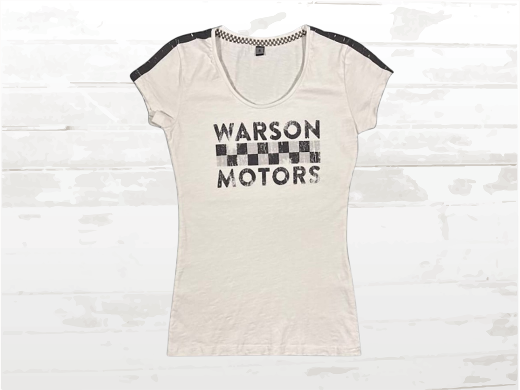 Vintage Checkered T-Shirt Women, Warson Motors Retro Racing Tee, White | XS & XL